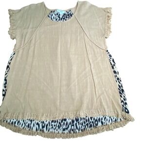 Umgee Womens Tan Linen Blend Leopard Print Fringe Hem Top C2314 Large